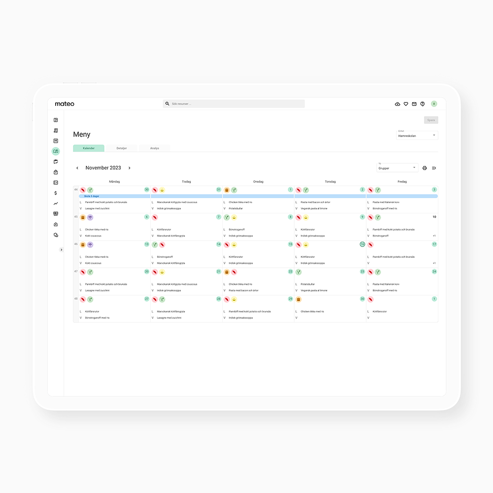 Menyplanering i Mateo Kostdata